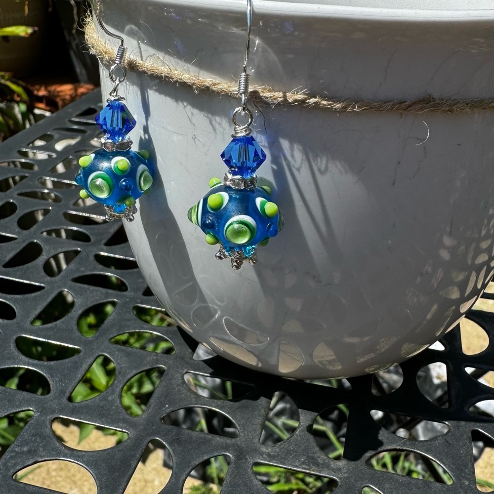 Blue & Lime Green Lampwork Bead Earrings with Swarovski Crystal Accents